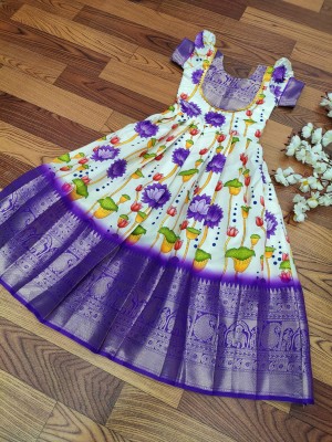 Multi Beautiful Banarasi Lichi Silk Gown For Girl